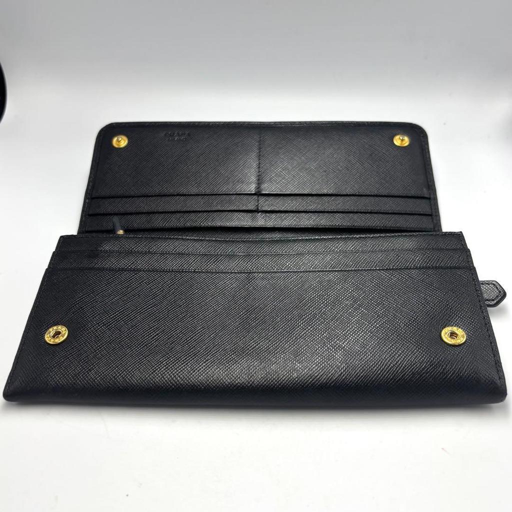 Used PRADA Saffiano Leather Long Wallet Black Gold Hardware With Box and Card