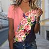 Fashion Rose Printing Blouses Short Sleeve V-Neck T Shirts Casual