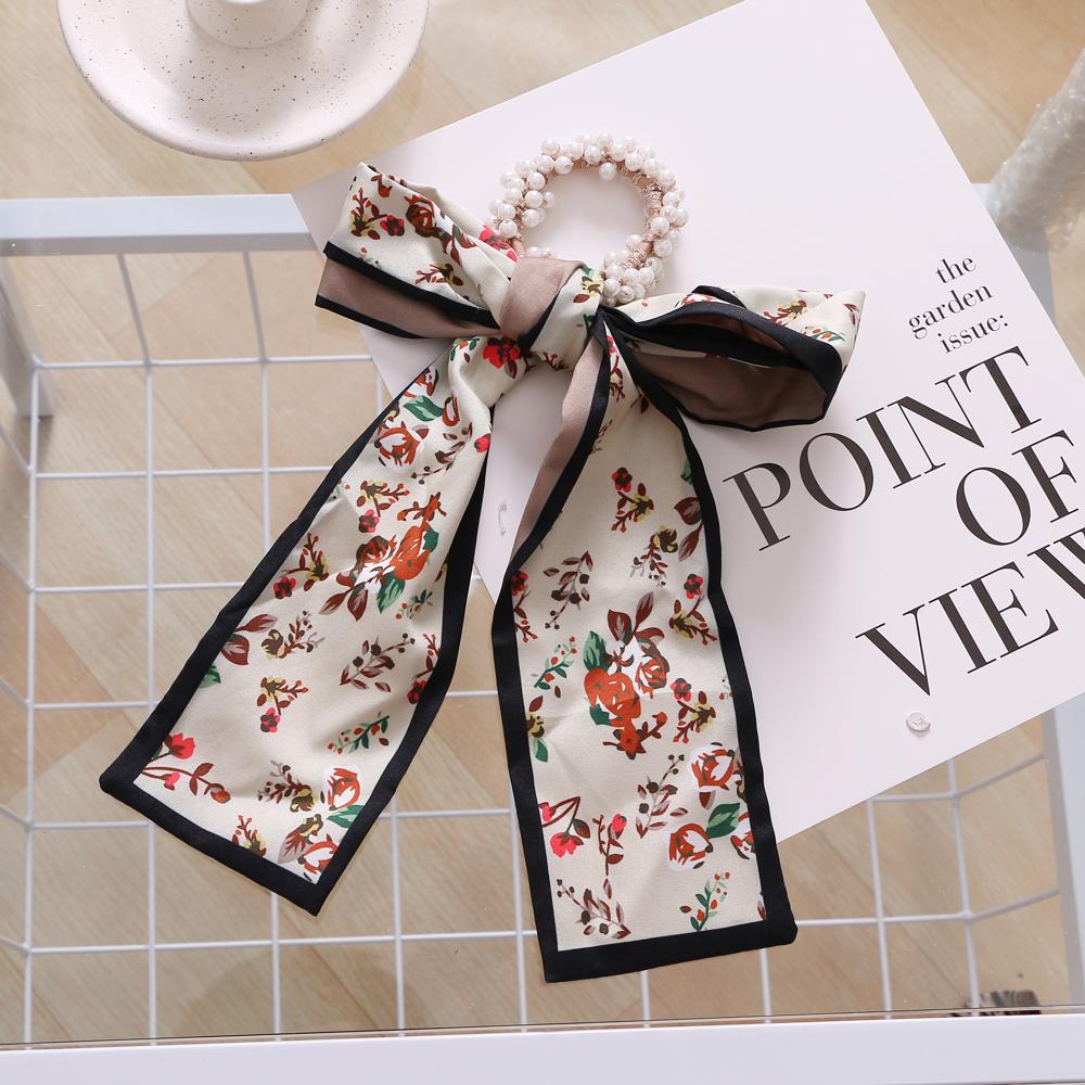 Pearl Hair Band Hair Tie Chiffon Fashion Ribbon Hair Rope Girl Streamer Ponytail Bowknot Ribbon Rubber Band Hair Accessories Headdress