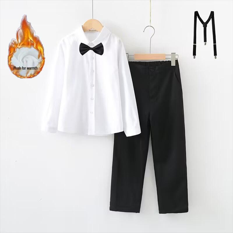 Boy's Formal Ensemble: Fleece White Shirt, Black Suit Pants, Vest, Page Boy Overalls, Performance Costume