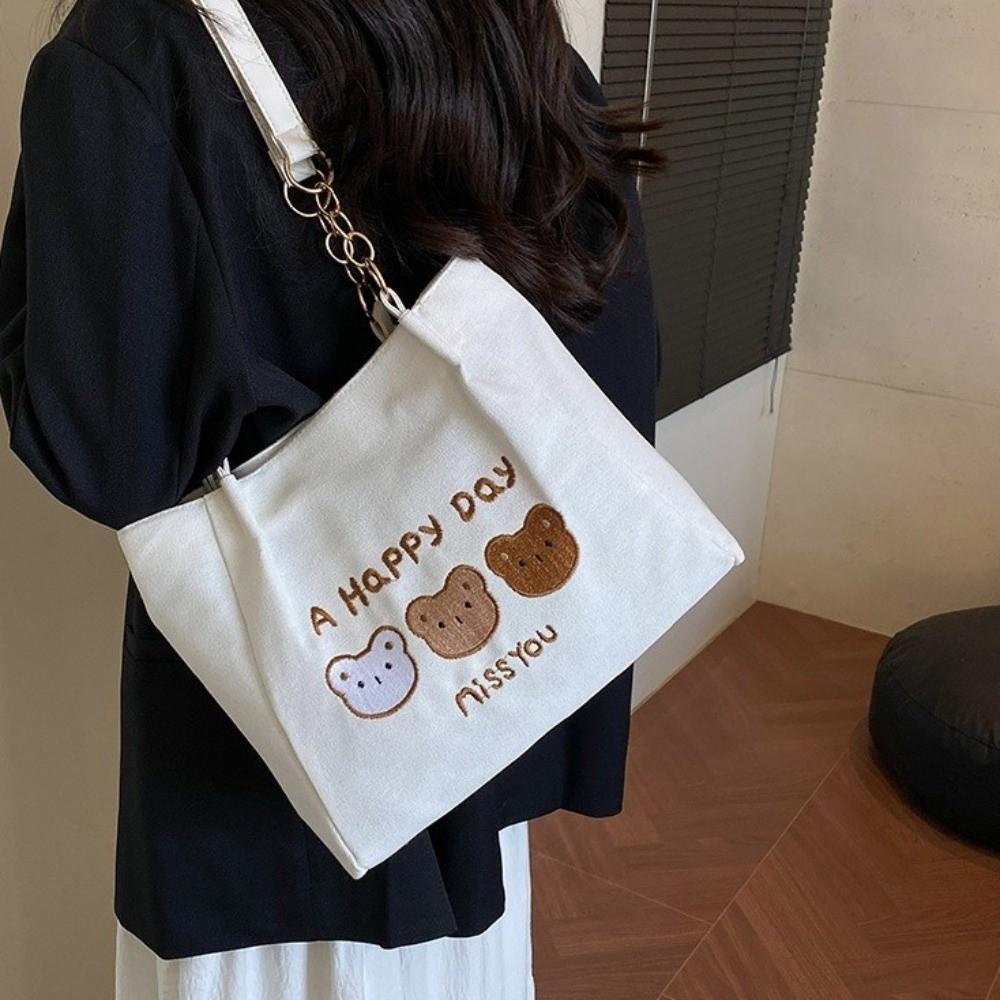 Printed Cartoon Tote Bag Korean Style Canvas Handbag Temperament Bear Shoulder Bag Office Worker
