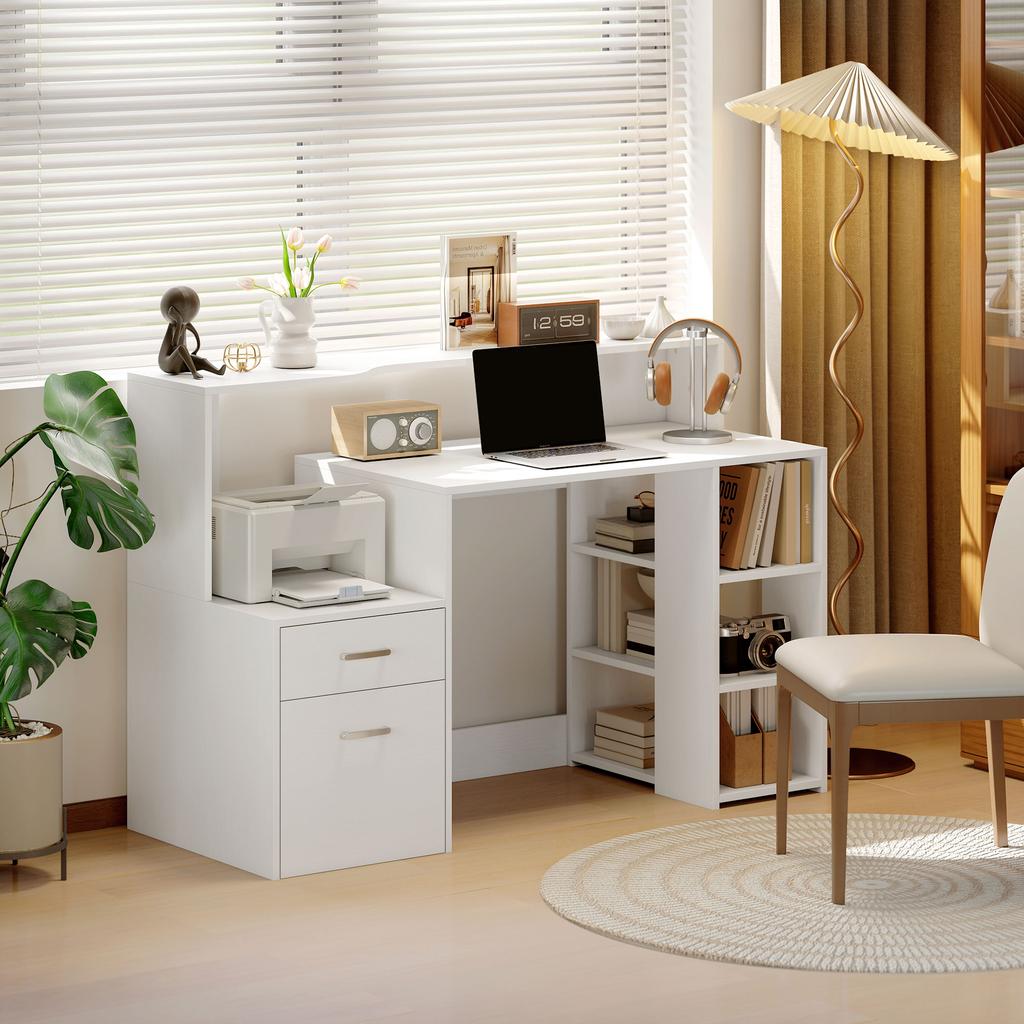 Computer desk, desk with storage, 2 drawers, open shelves and printer shelf, 137x55x92cm, white