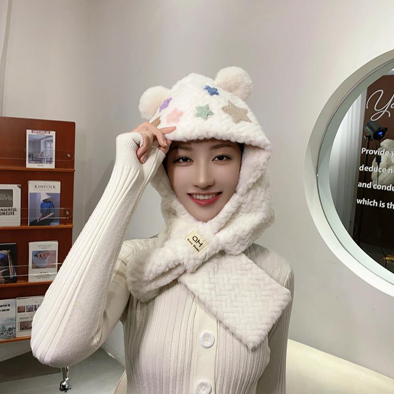 Cute bear star child scarf integrated autumn and winter warm and cold cycling plush hat woman