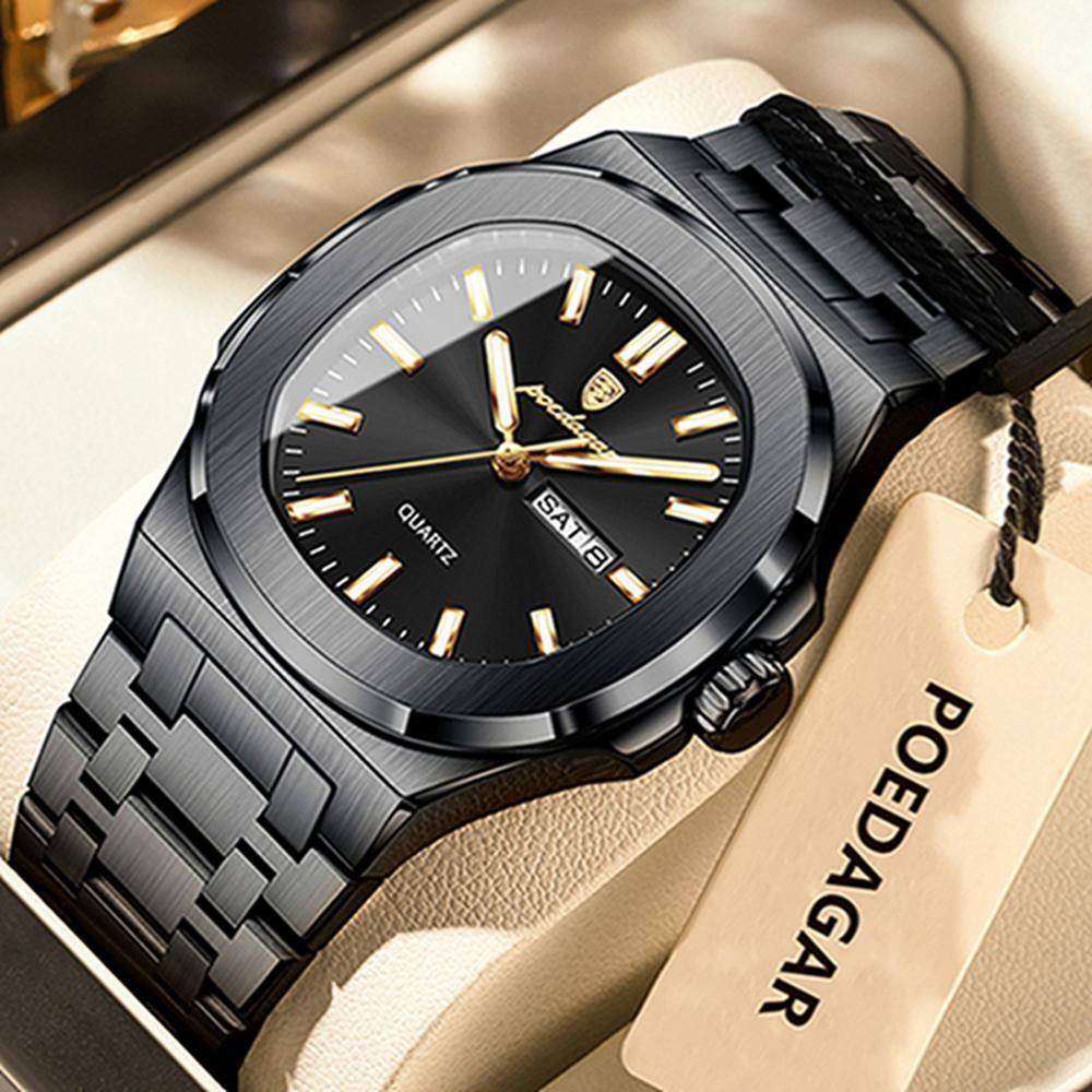 Luxury Square Men's Watches Waterproof Luminous Date Week Men Watch Stainless Steel Fashion Quartz Wristwatch