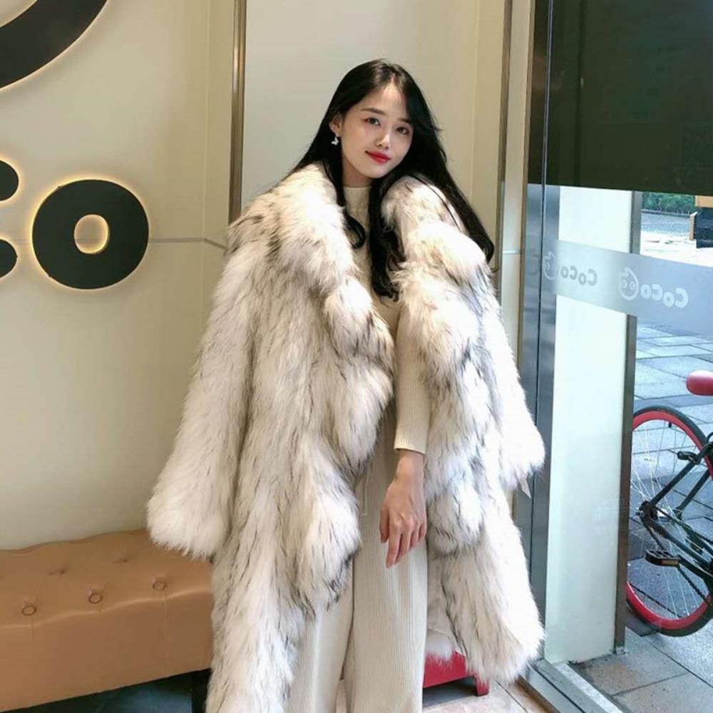 New Winter Imitation Raccoon Hair Ruffle Edge Knee Fur Coat Women's Long Fashion Fox Fur Coat