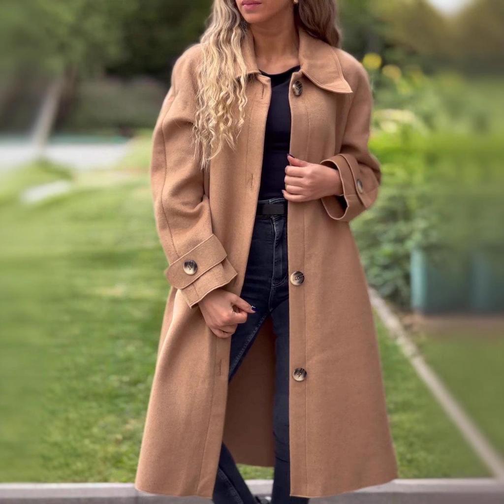 2025 Autumn/Winter Casual Woolen Coat Jacket - Solid Color with Buttons