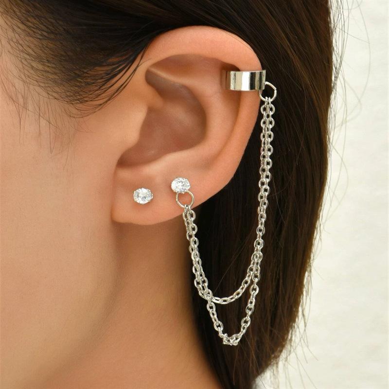 1Pcs New Fashion Bohemian Ear Clip Earring for Teens Women Men Simple Fake Cartilage Long Tassel Chain Ear Cuff Zircon