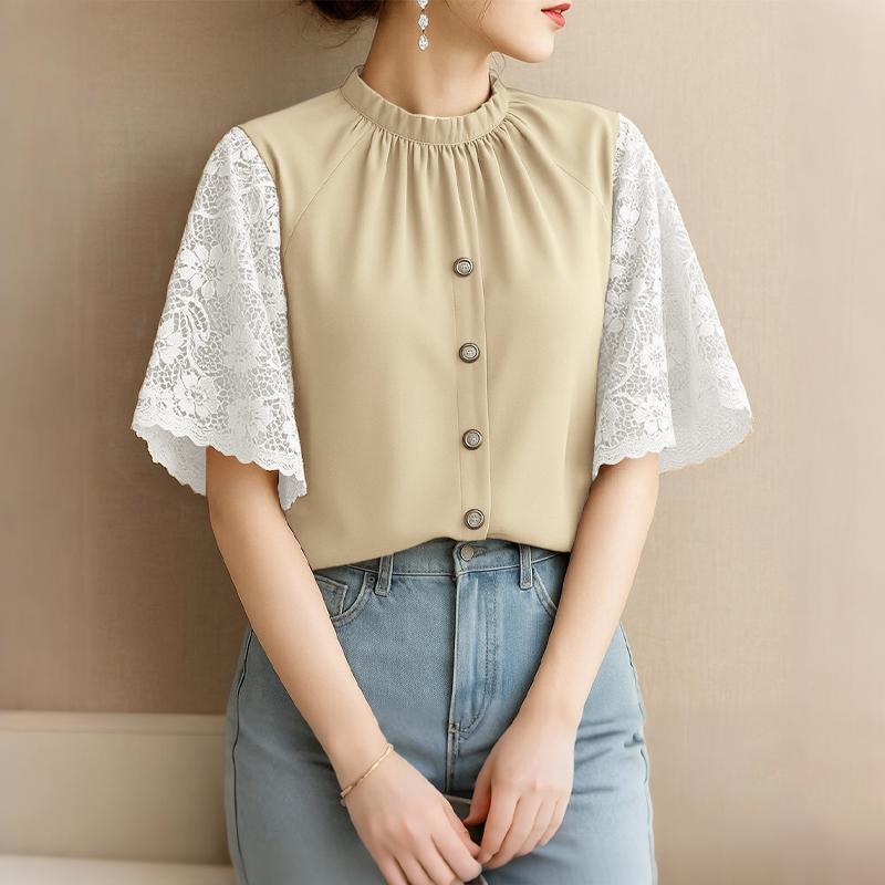 ZANZEA Women Casual Round Neck Lace Splice Short Sleeve Blouse Summer