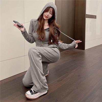 Sports Suit Women's Spring and Autumn New Long-sleeved Cardigan Irregular Sweatshirt High-waisted Casual Wide-leg Pants Two-piece Set