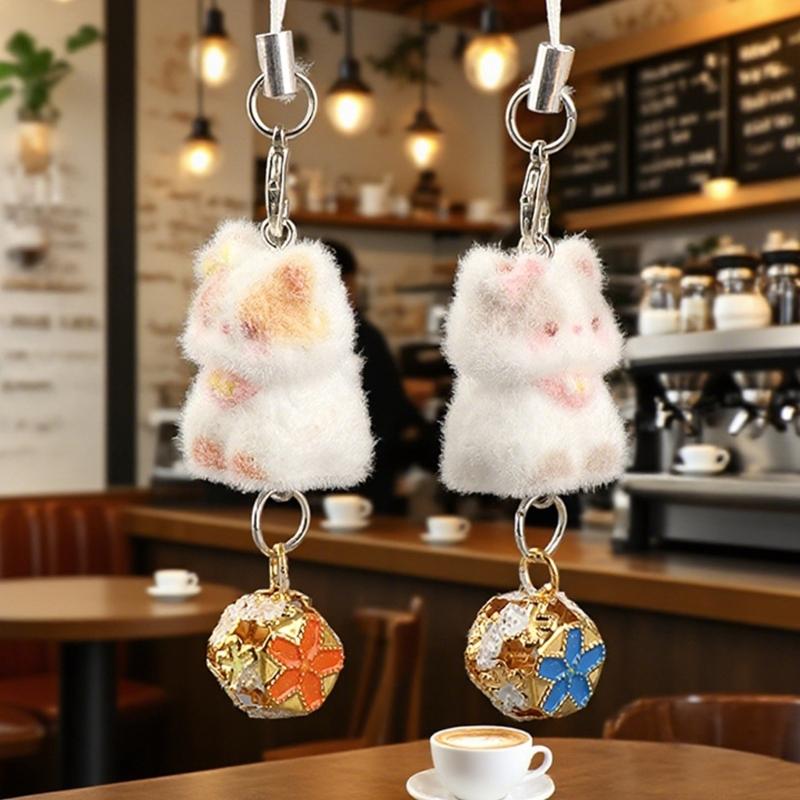 Lovely Cats Flock Design Soft Flocking Keychain Phone Charm for Keys Stylish Sturdy Accessory
