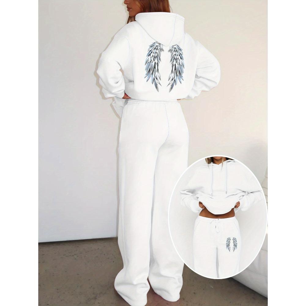 Casual Women's Suit with Interesting Printed Patterns, Fashionable Hooded Sweatshirt and Wide Leg Pants Set