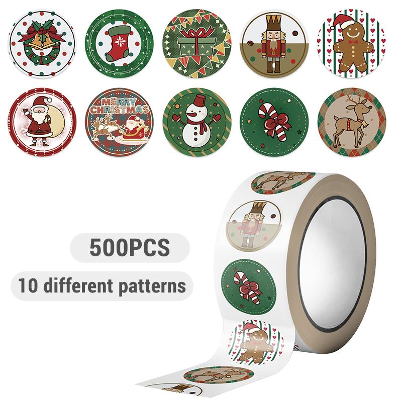 1 Rolls 500 Pieces Christmas Stickers Roll 10 Designs Roll Stickers Winter Holiday Decoration Round Labels for Xmas Display