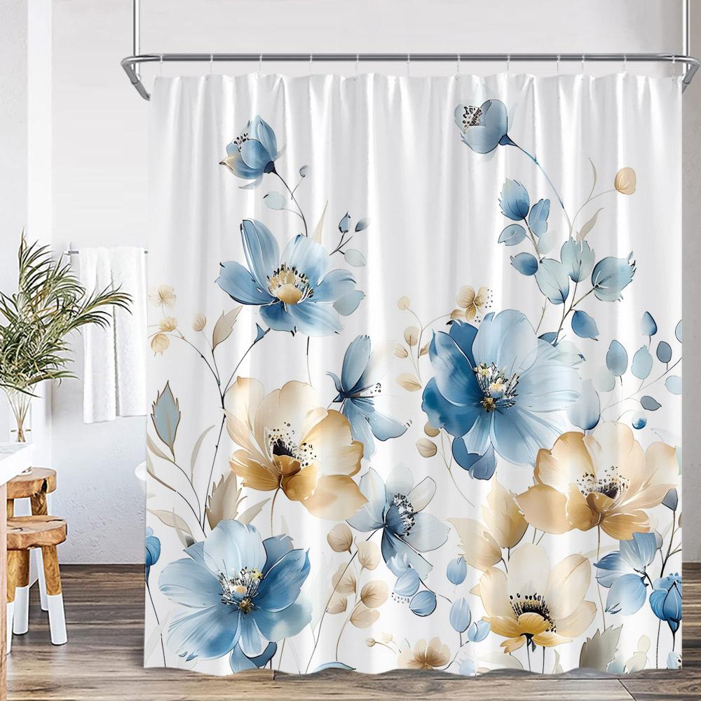 Watercolor Floral Shower Curtain Flower Plant Butterfly Purple Blue Golden Blossom Bathroom Decor ModernPolyester Bath Curtain