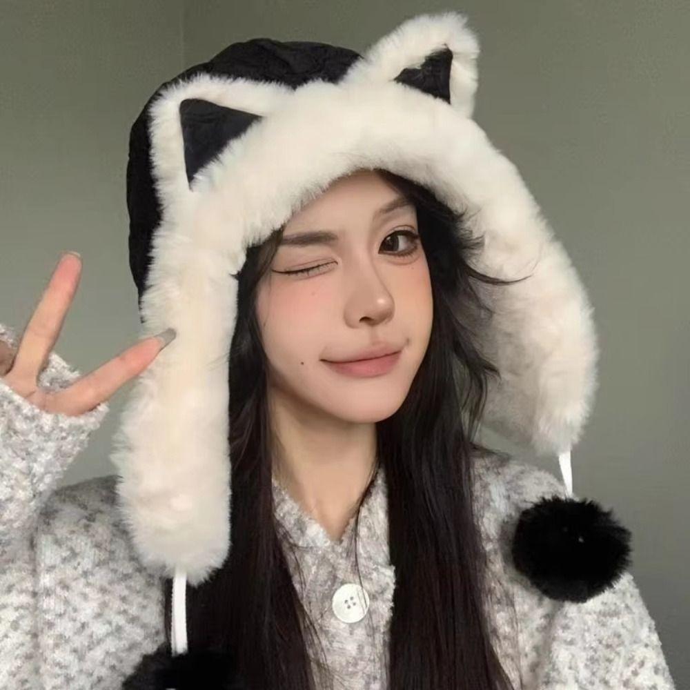Keep Warm Plush Beanie Hat Thickened Ear Protection Hat Cute Cat Ear Pullover Hat  Ladies