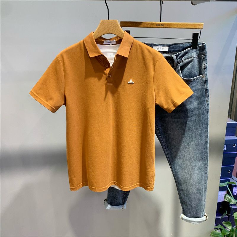 

Летняя Новинка Маленькая Вышивка Однотонная Приталенная Рубашка Поло с Коротким Рукавом и Лацканом Корейский Стиль Модная и Универсальная 4XL коричневый