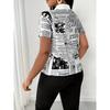 Women Summer Fashion Newspaper Print Button Down V Neck Shirt Blouse