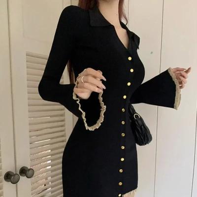 Bahar Siyah Mini Kabare Elbise Kadın Kore Tarzı Y2k Tatlı Ruffles Uzun Parlama Kollu Tunik Örme Elbiseler Sonbahar