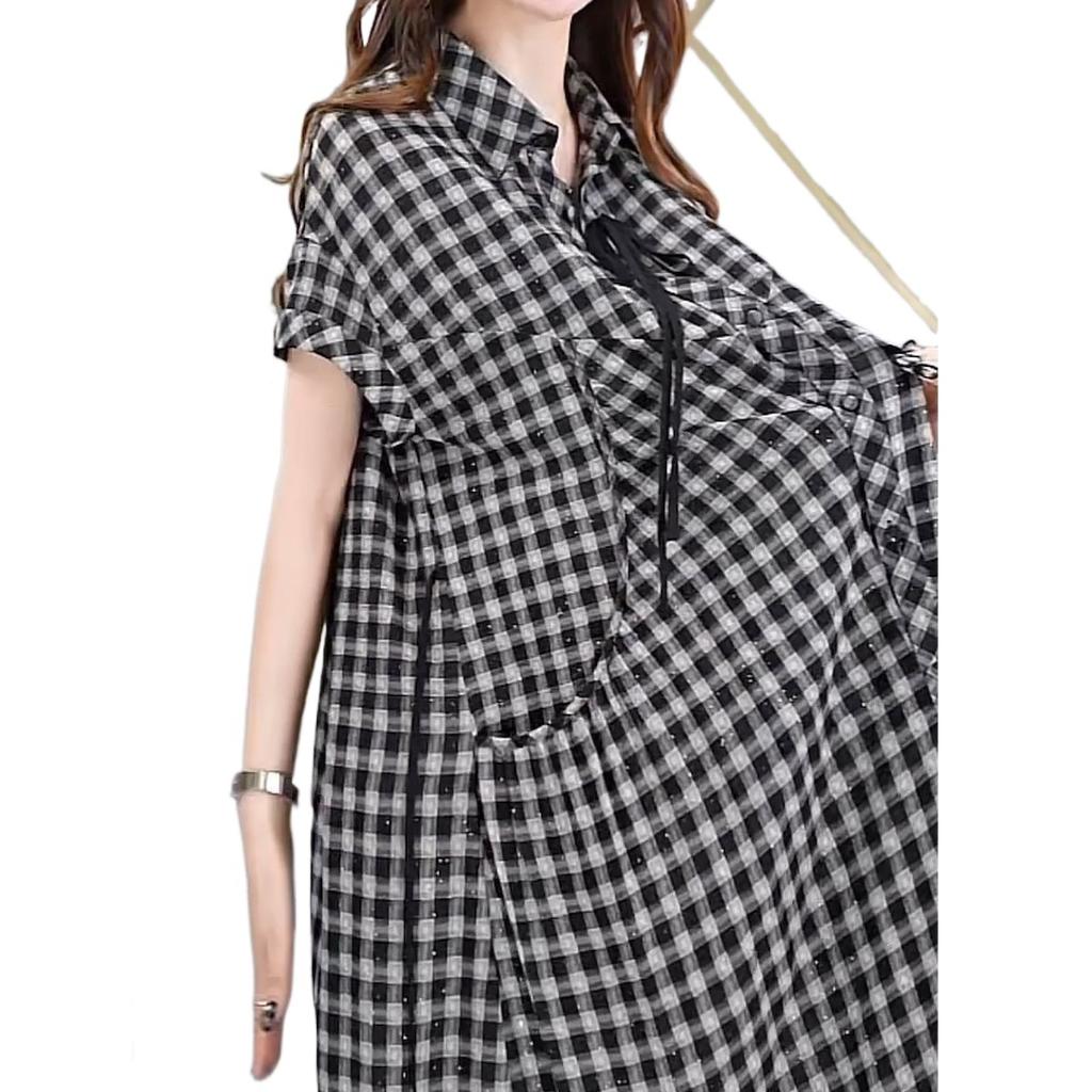 Plaid Dress Women's Summer New Loose Large Size Temperament Casual and Thin Short-sleeved Shirt Skirt