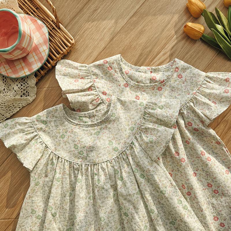 Summer Girls Floral Cotton Dress Sweet Round Neck Flutter Sleeve Princess Casual Dress For Kids