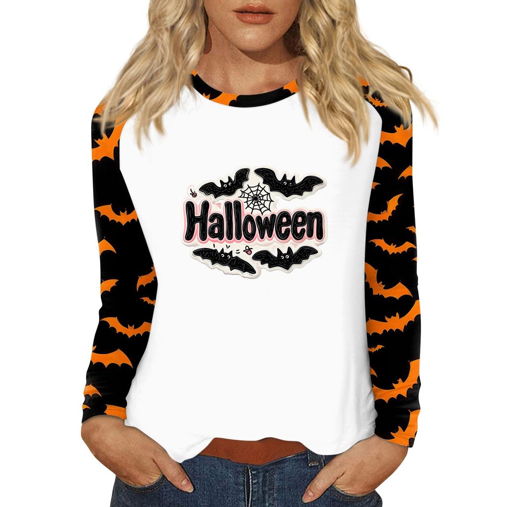 Damen T-Shirt Halloween-Print Langarm Täglich Mode Basic Rundhals Raglanärmel Oberteil