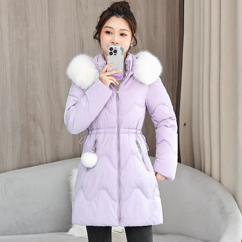 White Fur Collar Waist Padded Clothes Women's Winter New Medium and Long Hooded Padded Clothes Casual Padded Jacket