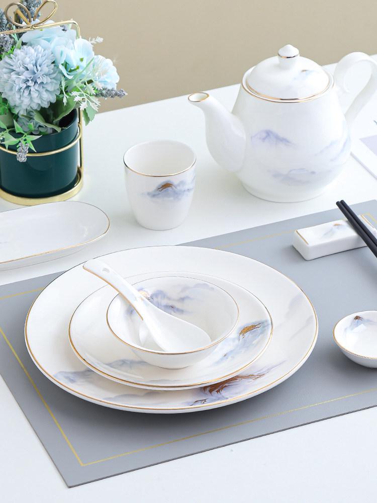 Hotel & Restaurant Gold Rim Ceramic Dinnerware Set - Plates, Bowls, Chopsticks, Spoon (4-Piece)