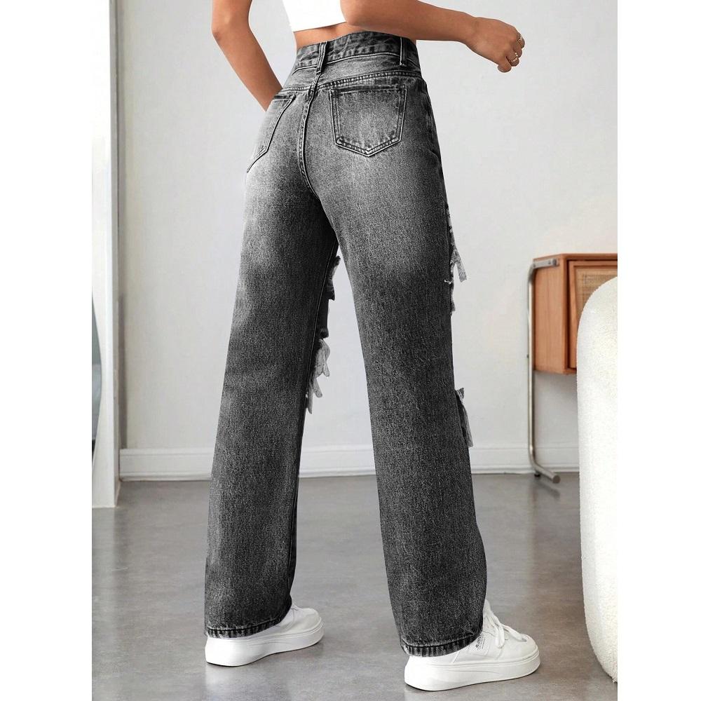 Kadın Düz Kesim Denim Kot Bayan Yüksek Bel Yırtık Delikli Sokak Giyim Bol Kot Pantolon