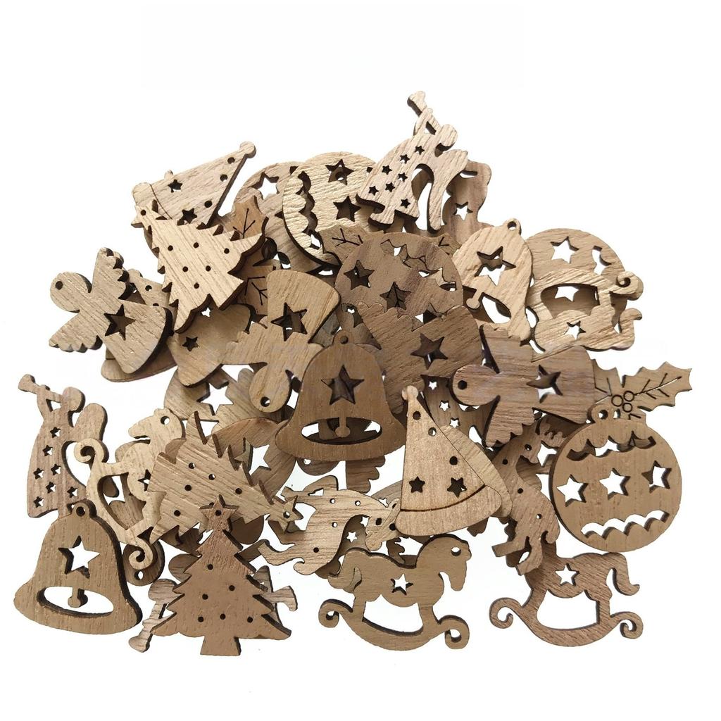 50PCS Mini Christmas Tree Snowflakes Stars Moose Bells Hats Socks Angels Christmas Unfinished Blank Wood Pieces Wood Slices
