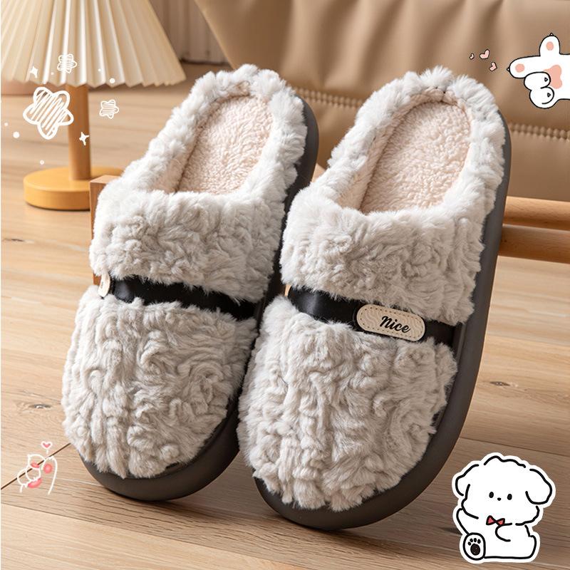 Bow-tie fluffy slippers  new autumn and winter home interior piled thickened warm non-slip cotton drag men