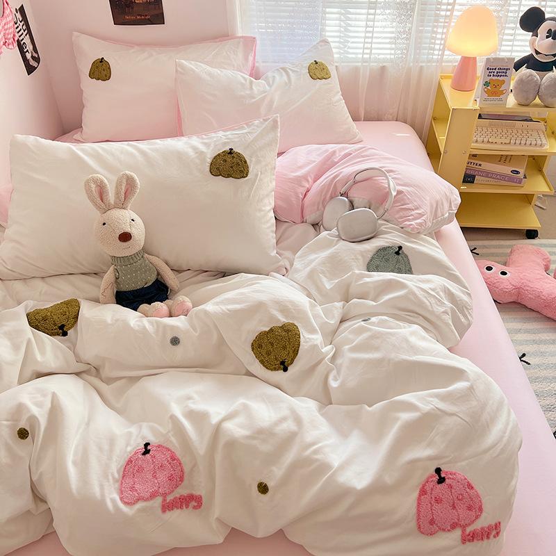 Håndkle Brodert Laken Dynetrekk Seng 4 stk Sett Vasket Bomull Student Tredelt Sett Sengetøy