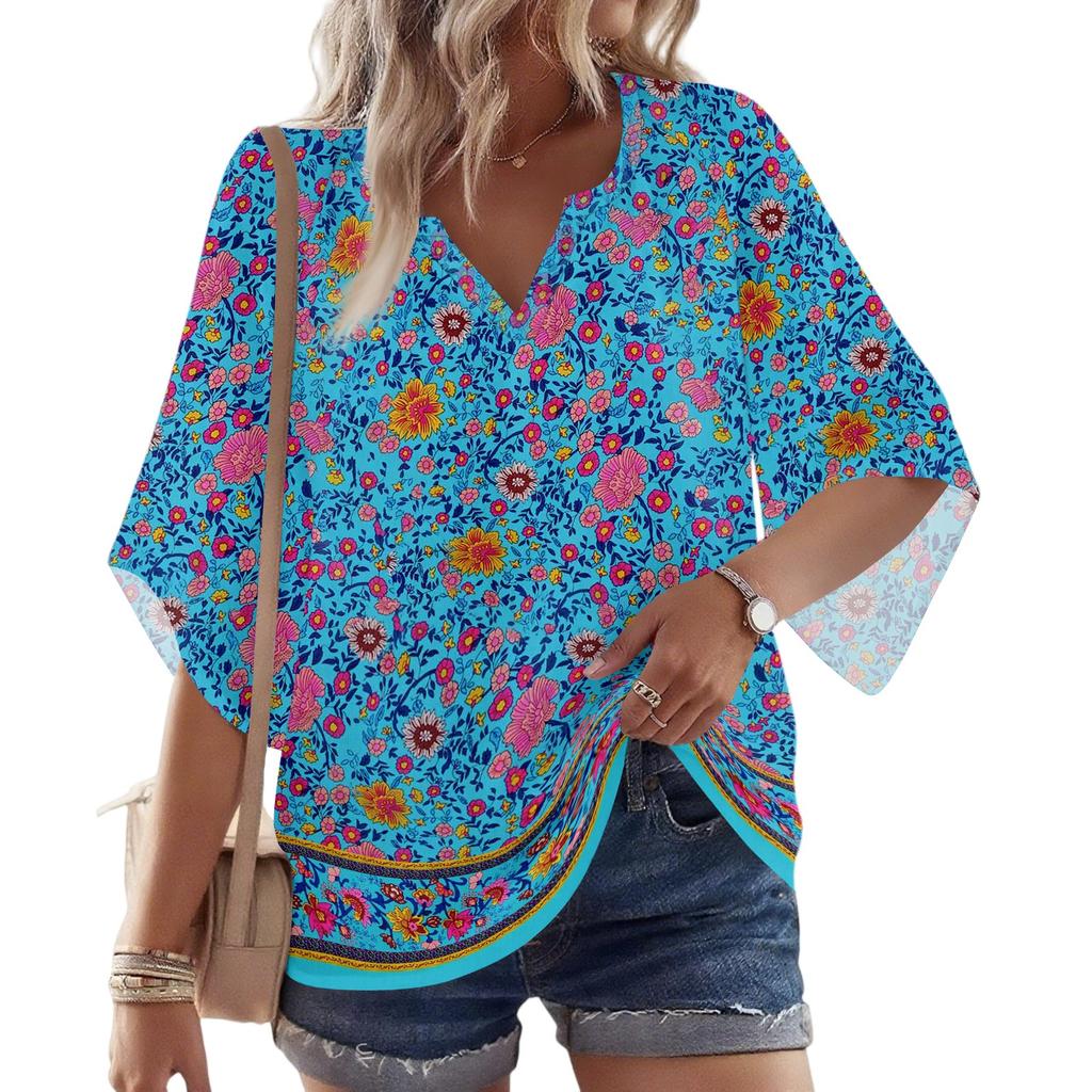 Dámské 3/4 rukáv V květinové tričko Ležérní volný tunikový top