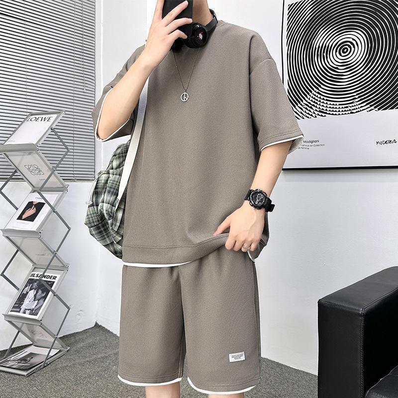 

Костюм вафельный летний мужской с короткими рукавами футболка шорты тонкий 3XL