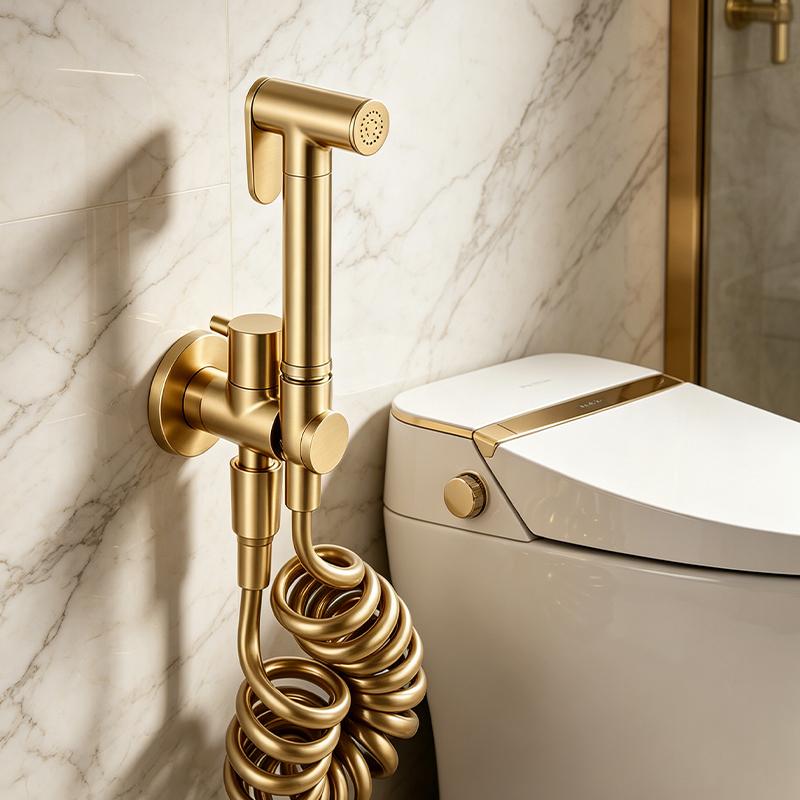 Brushed Gold Solid Brass Bidet Sprayer Set Handheld Shattaf Muslim Toilet Shower Wall Mounted Eco-Friendly Hygiene Faucet Spring