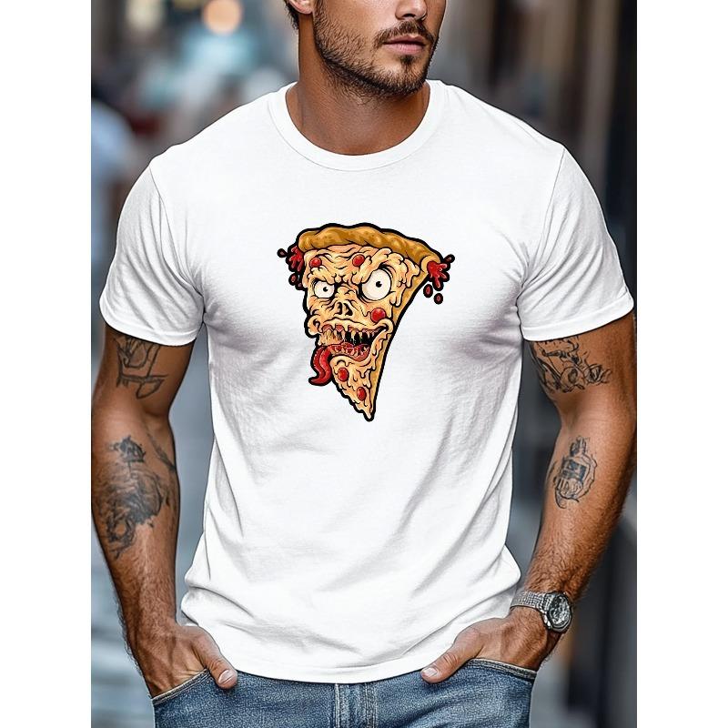 European Size Plus-Size Men'S T-Shirt, Relaxed And Casual, Easygoing Summer Round-Neck Short T-Shirt Featuring a Pizza Design with an Angry Expression