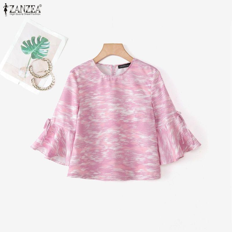 ZANZEA Women Casual Round Neck Flare Sleeve Loose Print Blouse