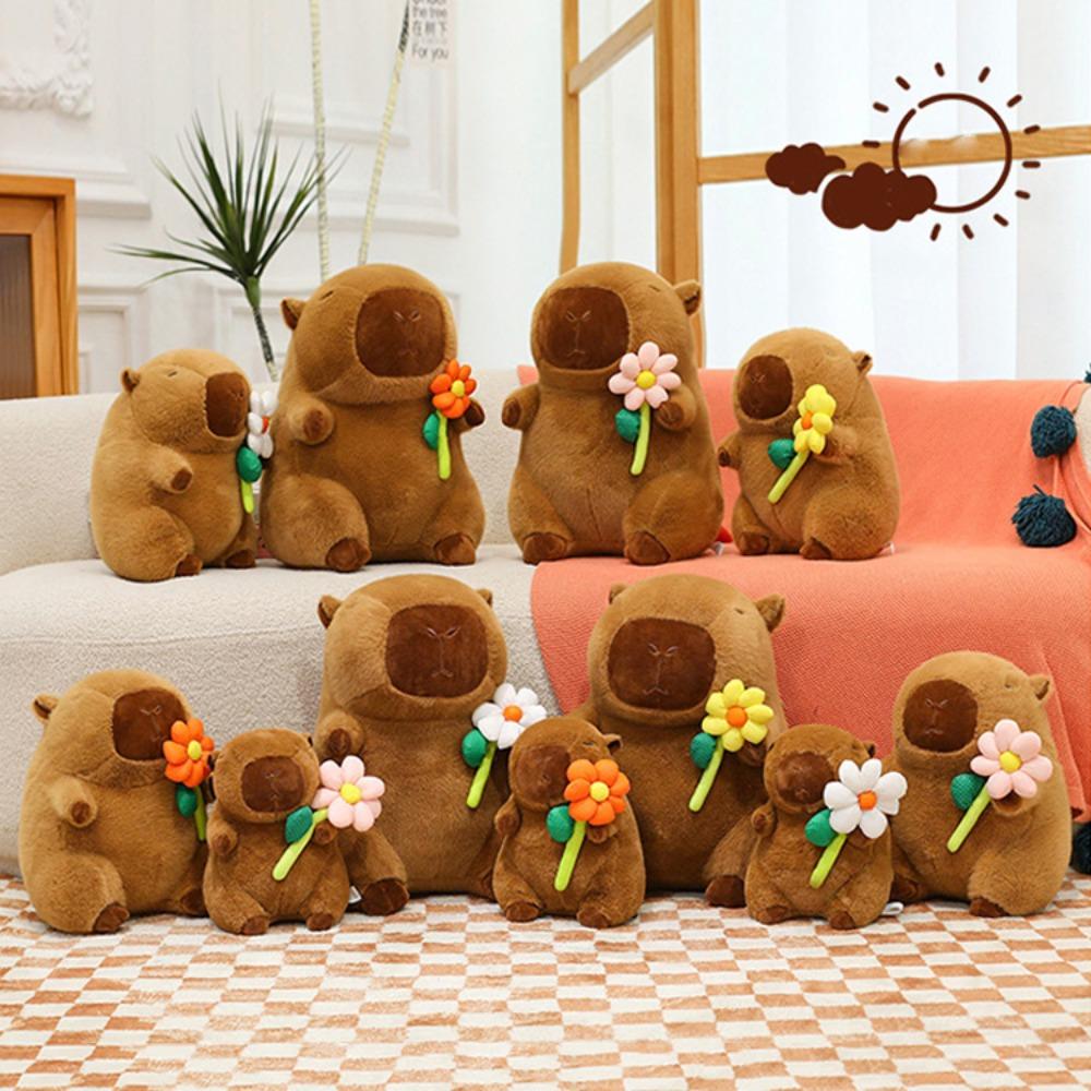 Brown Capybara Plush Doll Fluffy Capybara Stuffed Doll Creative Flower Capybara Plush Toy  Birthday