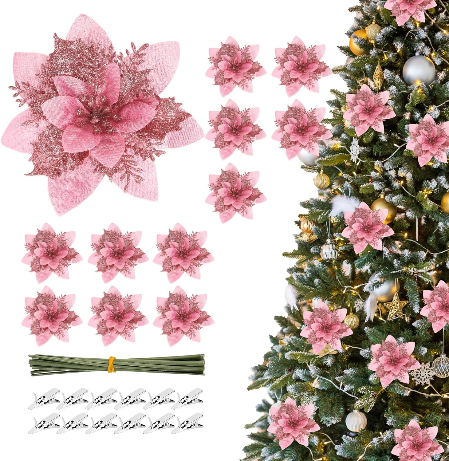 

White Christmas Ornaments - 12pcs Glitter Poinsettia Flower Picks for Tree Decor 0.6M рожевий