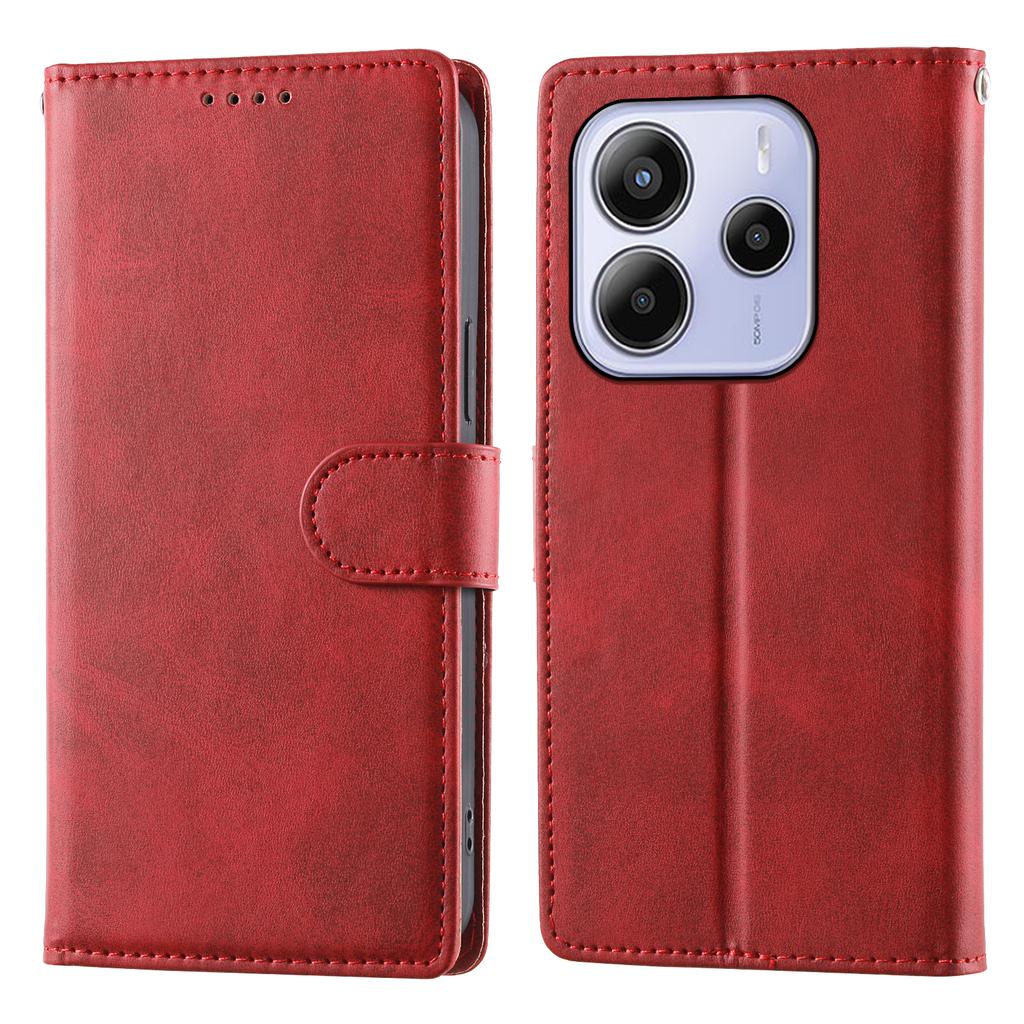 For Xiaomi Redmi Note 14 4G (164.84mm) Case Stand Wallet Calf Texture PU Leather Flip Phone Cover with Wrist Strap