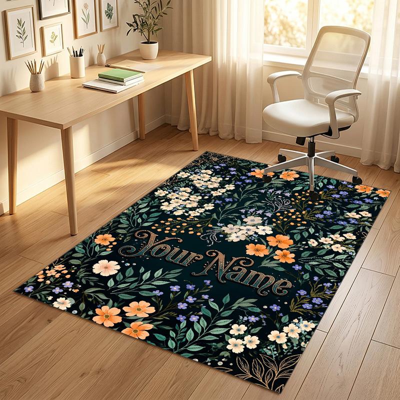 Floral Artwork Theme Soft Crystal Velvet Rug Custom Name & Text Print Non Slip Floor Rug for Bedroom Living Room