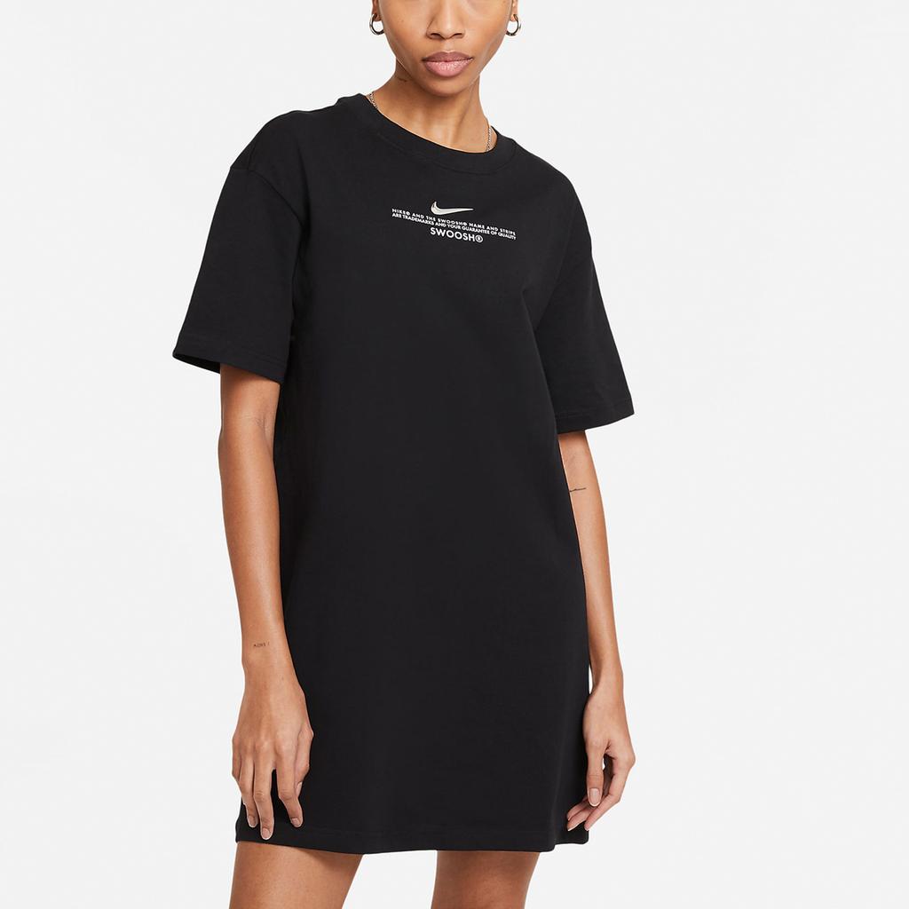 Nike Sportswear Swoosh Metal Logo Print Casual Retro Loose Breathable Round Neck Short Sleeve Dress Women dresses Black CZ9407-010