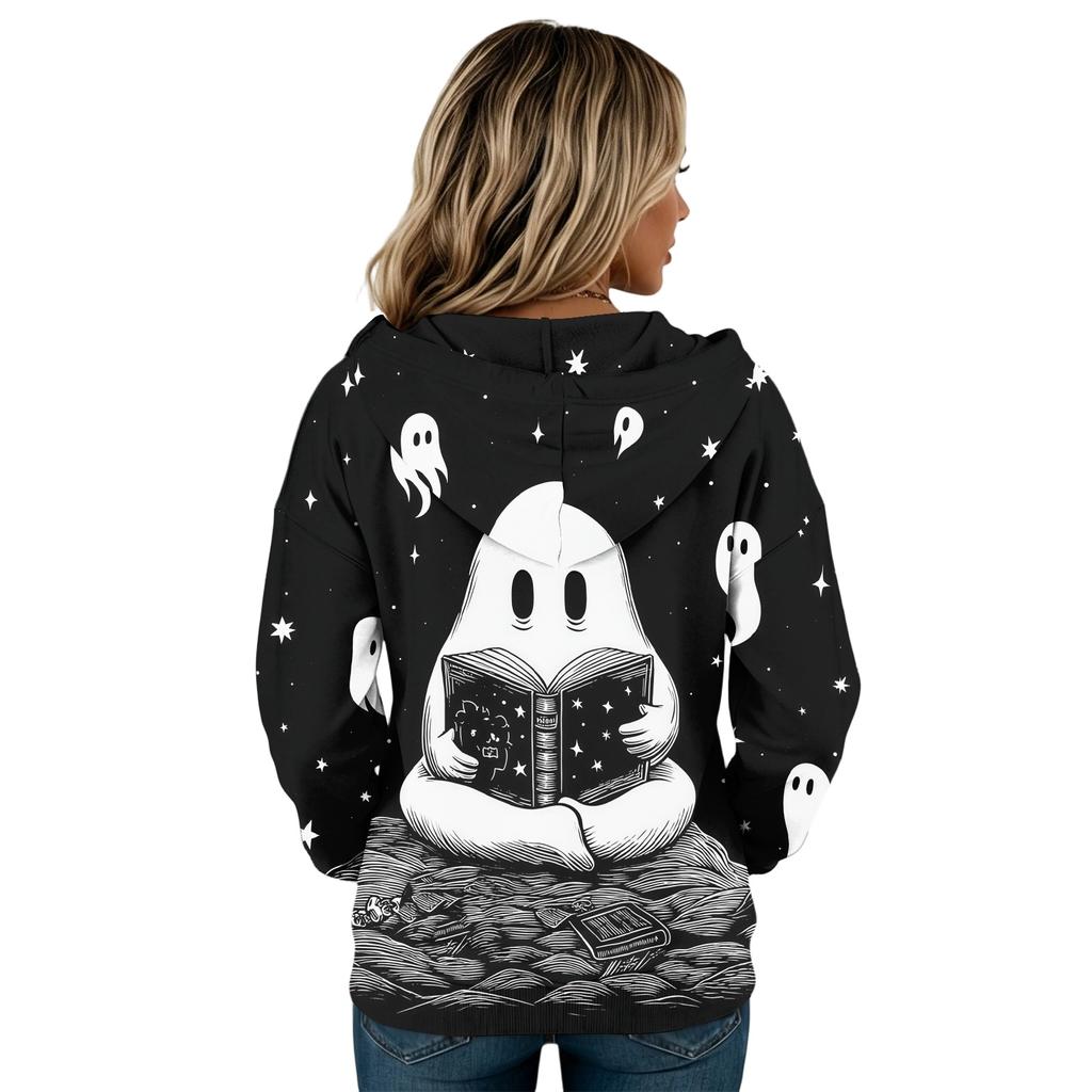 Women's Halloween Print Hoodie Button Front Long Sleeve Sweatshirt