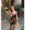 Summer Retro Slim Fit Split Fork Waist Hip Skirt Women's Temperament Long Dress Ruffle Edge Floral Suspender Dress