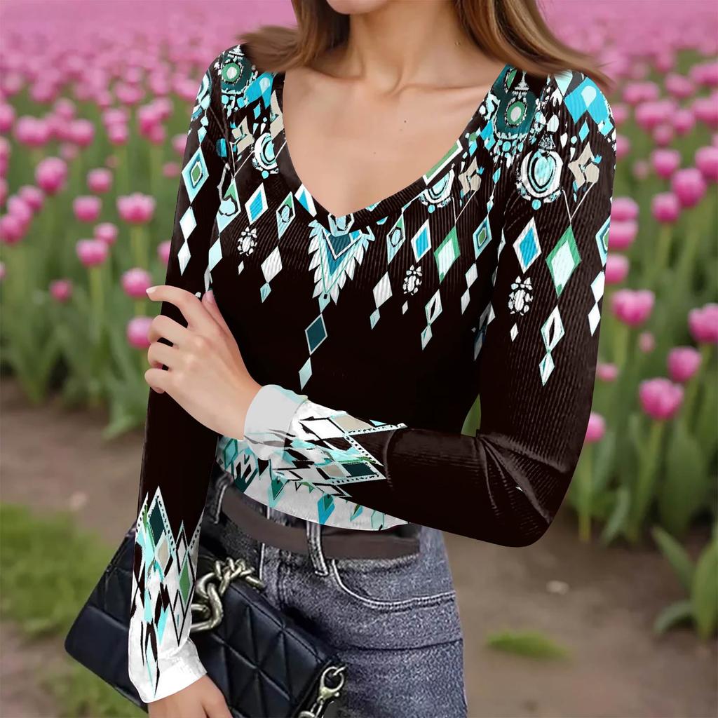 Women's Winter Slim-Fit Base Layer T-Shirt Fashionable Print V-Neck Pullover Long-Sleeved Top