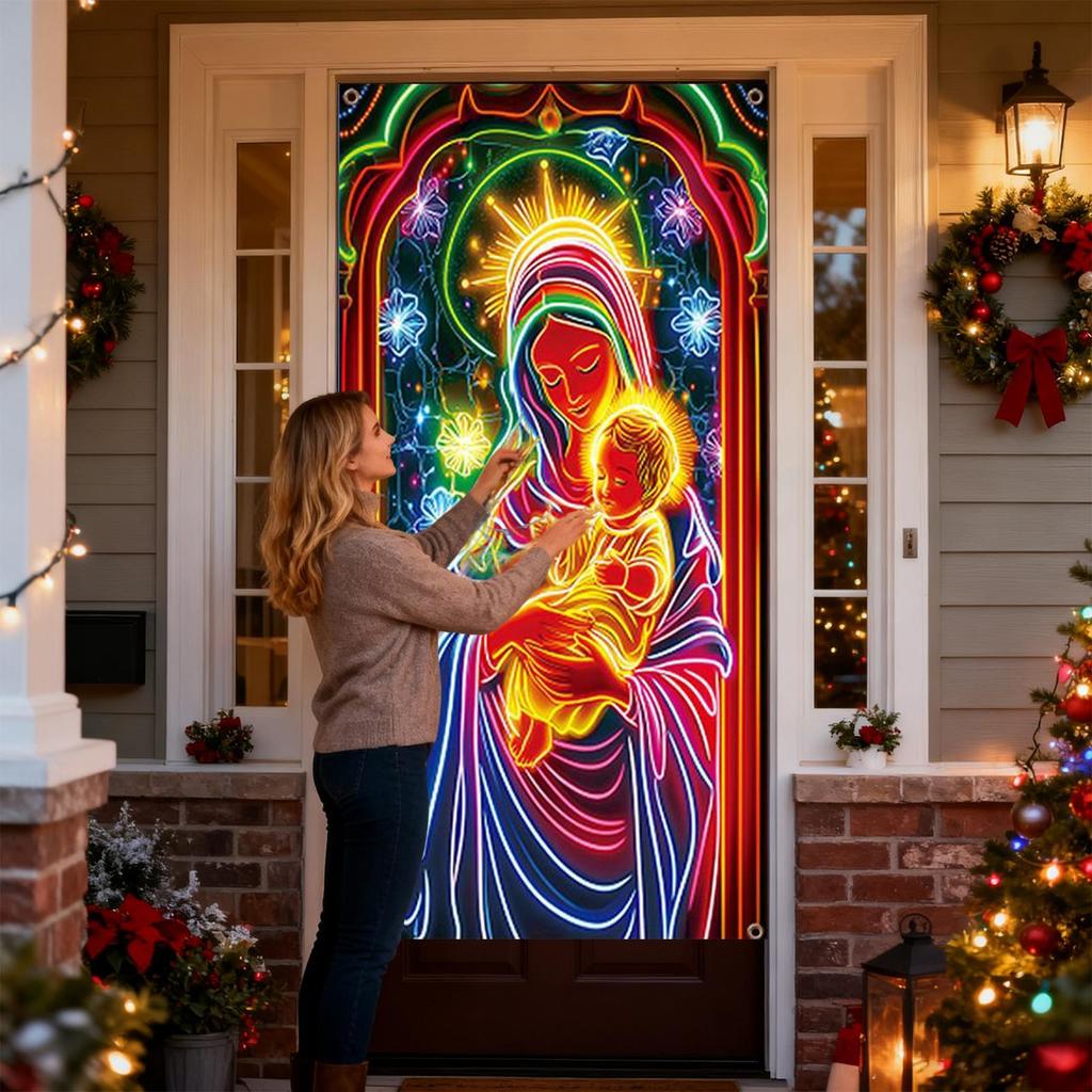 Christmas Door Cover Decoration Large Fluorescent Fabric Jesus Scene Covers Porch Sign Photography Background For Indoor Outdoor