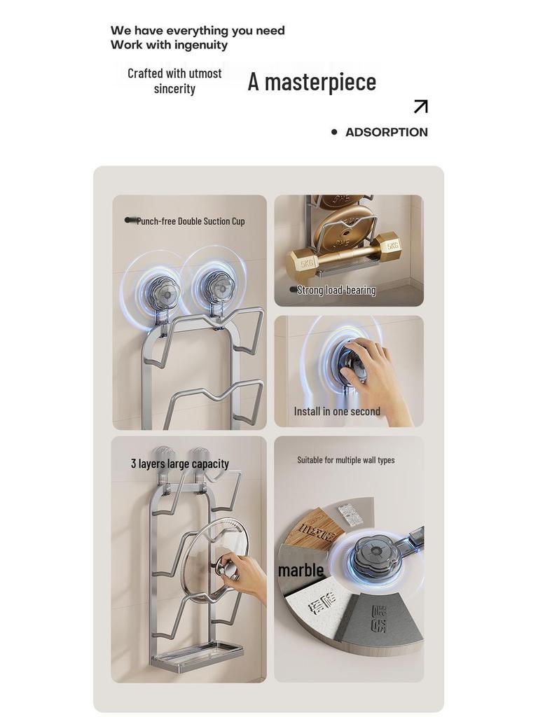 Wall-Mounted Suction Cup Pot Lid and Cutting Board Storage Rack