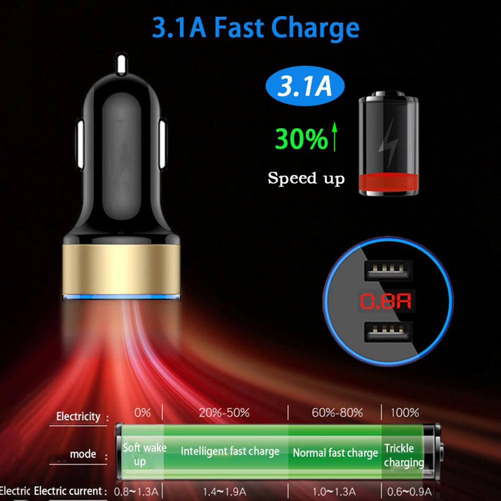

Универсальный быстрый двойной USB-адаптер для автомобильного зарядного устройства 12 В-24 В, светодиодный дисплей, 5 В, 3,1 А, автомобильное зарядное устройство для телефона ABS с USB-кабелем для iPhone