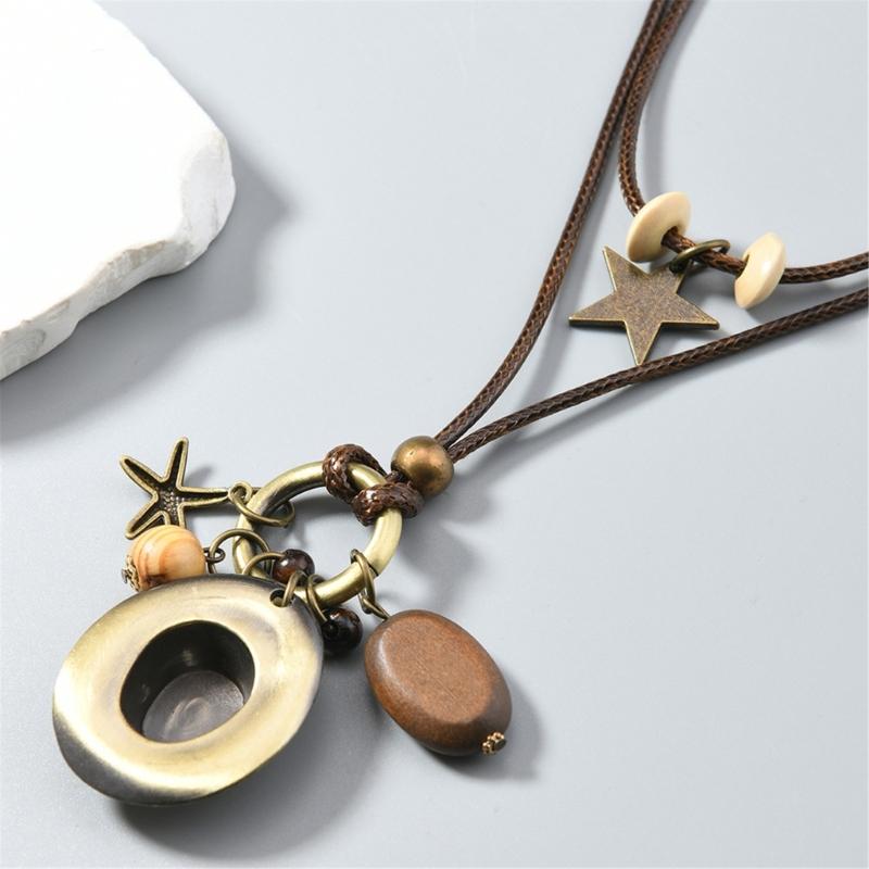 Western Styles Long Chain Necklace Artisanal Crafted Wax Cord Alloy Pendant Wooden Bead Accents Retro Fashion Accessory