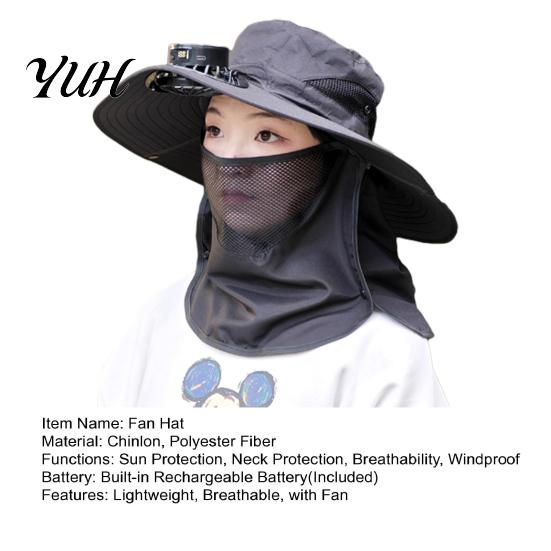 Men Outdoor Sun Hat Solar Fan with Face Guard Neck Flap UPF 50+ UV Protection USB Rechargeable Breathable Summer Fishing Wide Brim Bucket Cap UV-proof