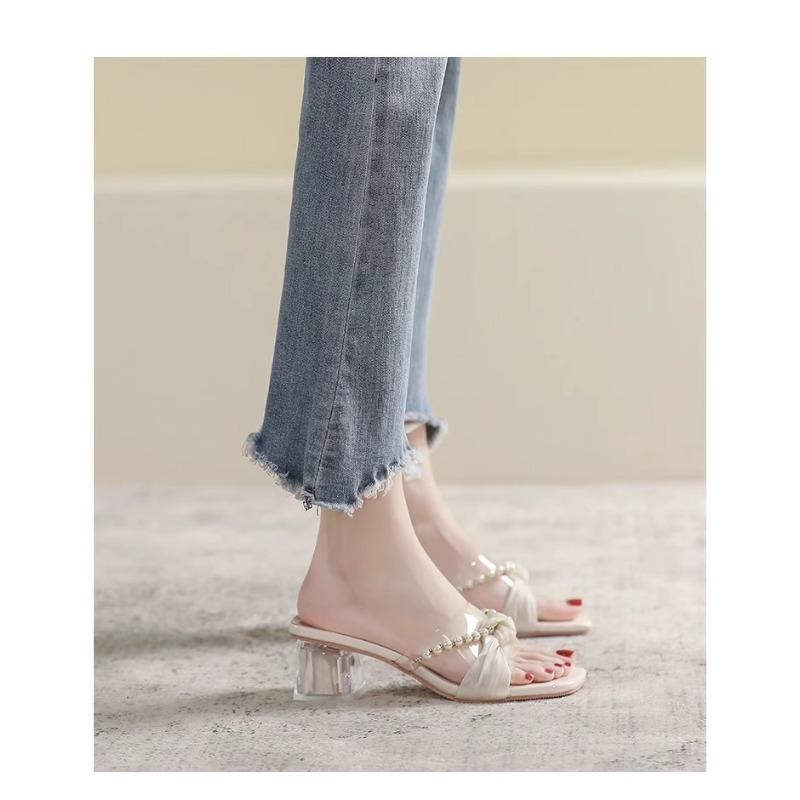 High Heels New Shoes Sandals One-strap Thick-heeled Square-toed Flip-flops
