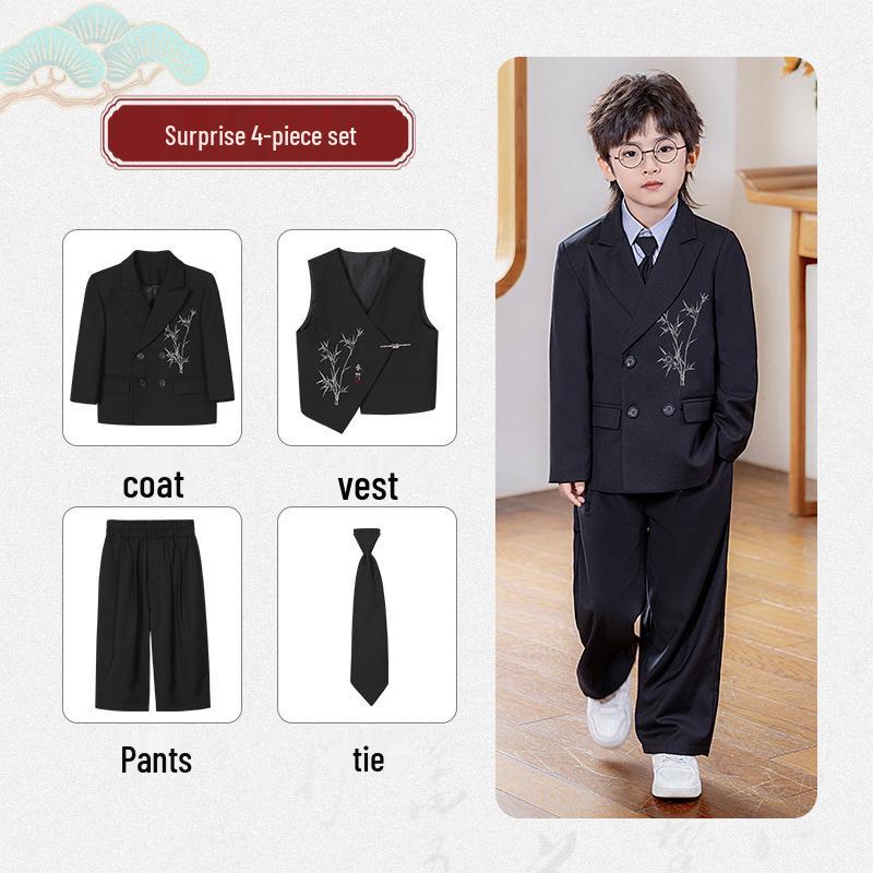 Boys' Chinese-Style Embroidered Velvet Vest and Suit for Autumn/Winter Photography and Performance